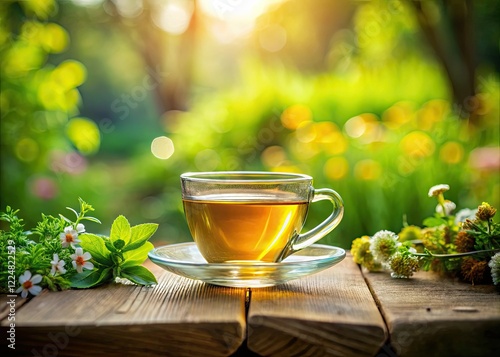 Tranquil herbal tea garden: minimalist photography capturing calm, nature's serenity, wellness, and relaxation.