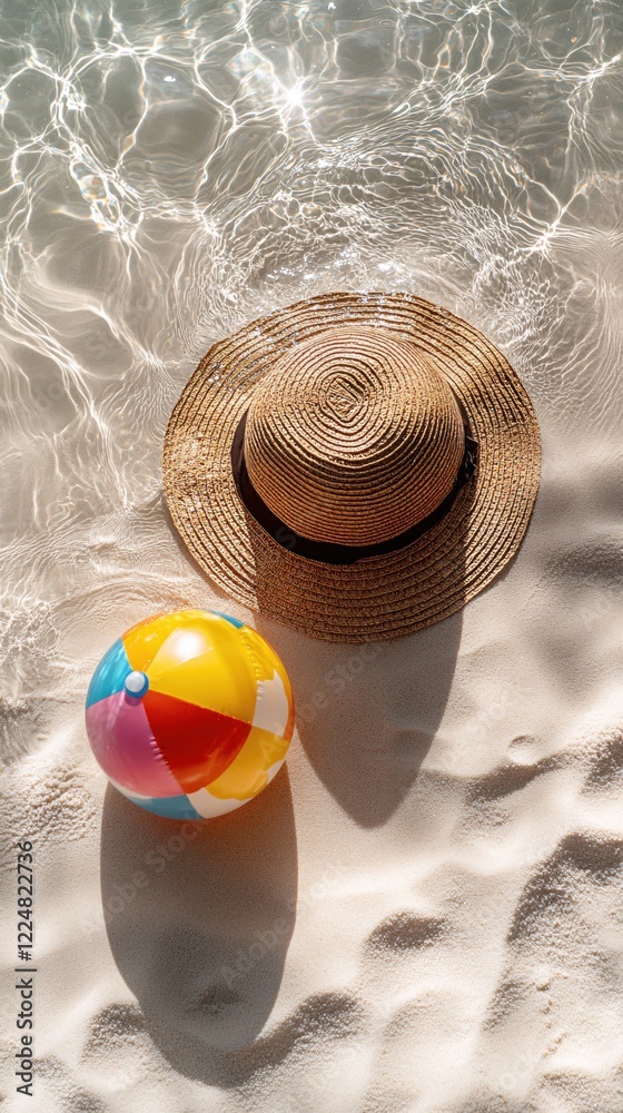 Summer beach scene with straw hat and colorful ball in shallow water on sand with sun light Summer beach scene with straw hat and colorful ball in shallow water on sand with sun light