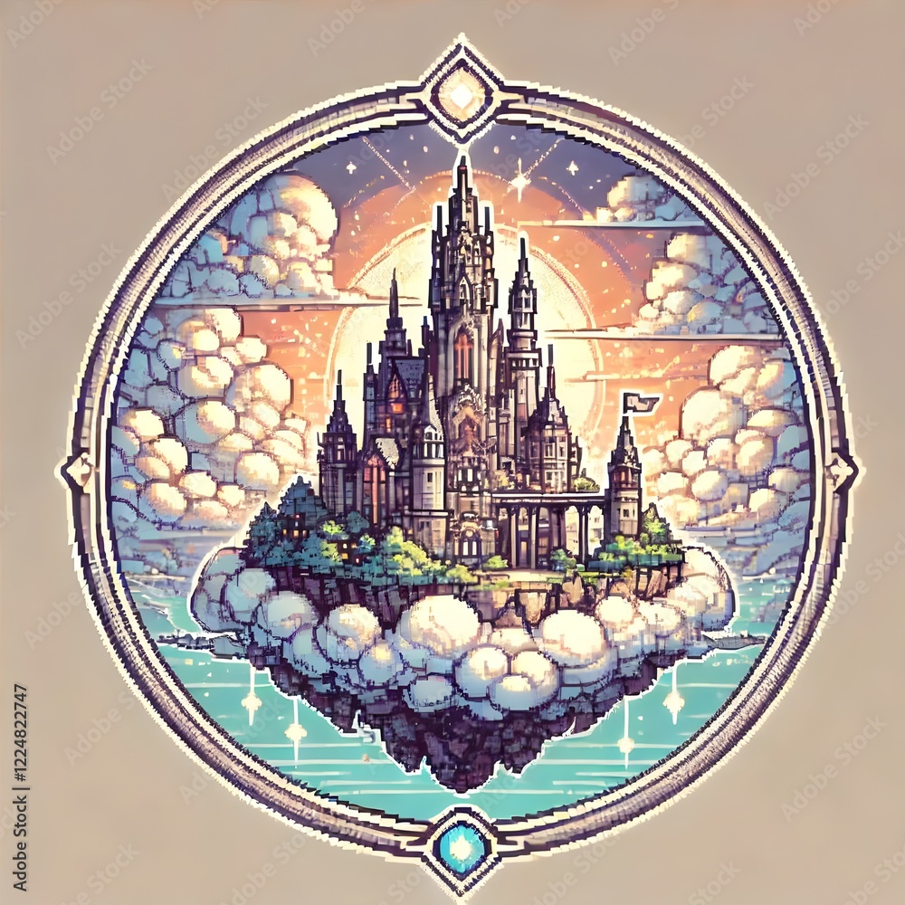 Obraz premium Pixel art illustration of a majestic floating castle suspended on a cloud island, surrounded by a glowing sky and a mystical fantasy atmosphere. 