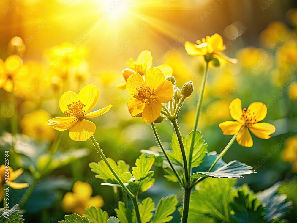 Obraz premium Vibrant celandine flowers bloom in a summer field, a high-resolution stock photo perfect for banners.