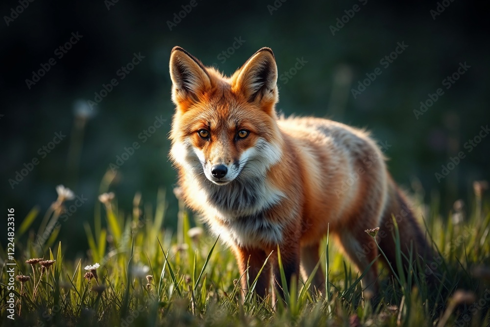 Fototapeta premium Red fox standing in meadow with focused gaze
