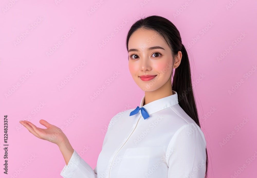 Smiling Young Asian Woman Presenting on Pink Background Smiling Young Asian Woman Presenting on Pink Background