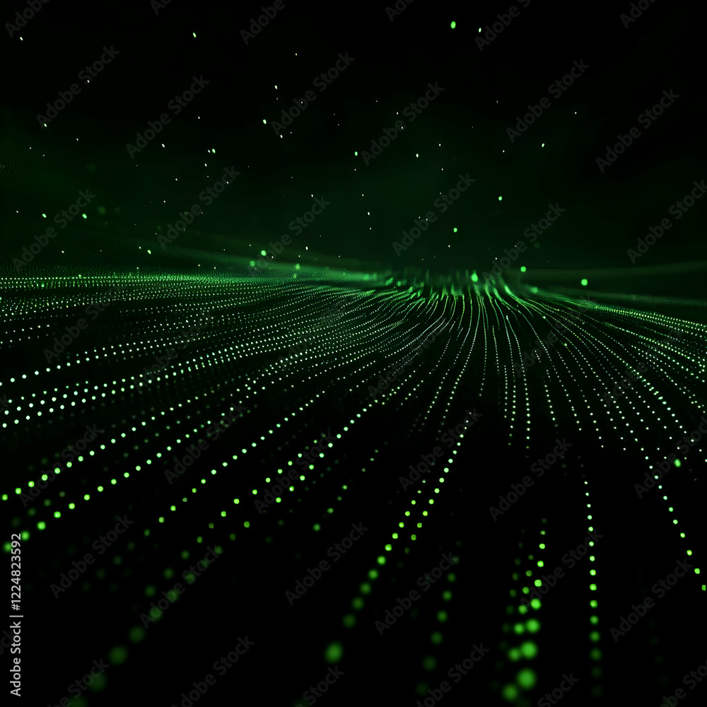 Fototapeta premium Abstract Green Particle Trails Flowing Smoothly in a Dark Background with a Dynamic Sense of Movement
