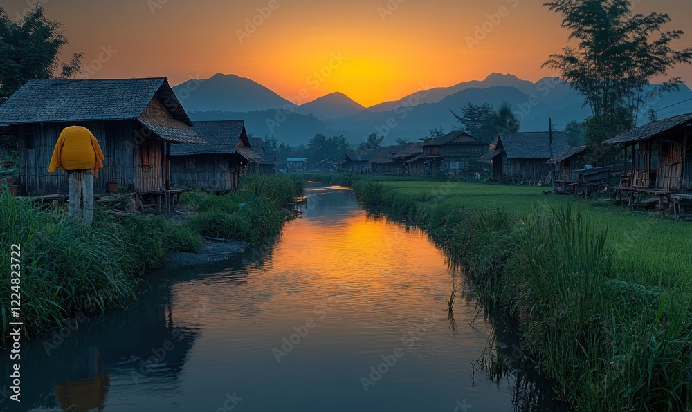 Obraz premium Sunset village, canal, mountain backdrop.