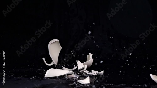 A bright mug falls and shatters on the floor in slow motion, with fragments scattering in all directions against a matte black background.