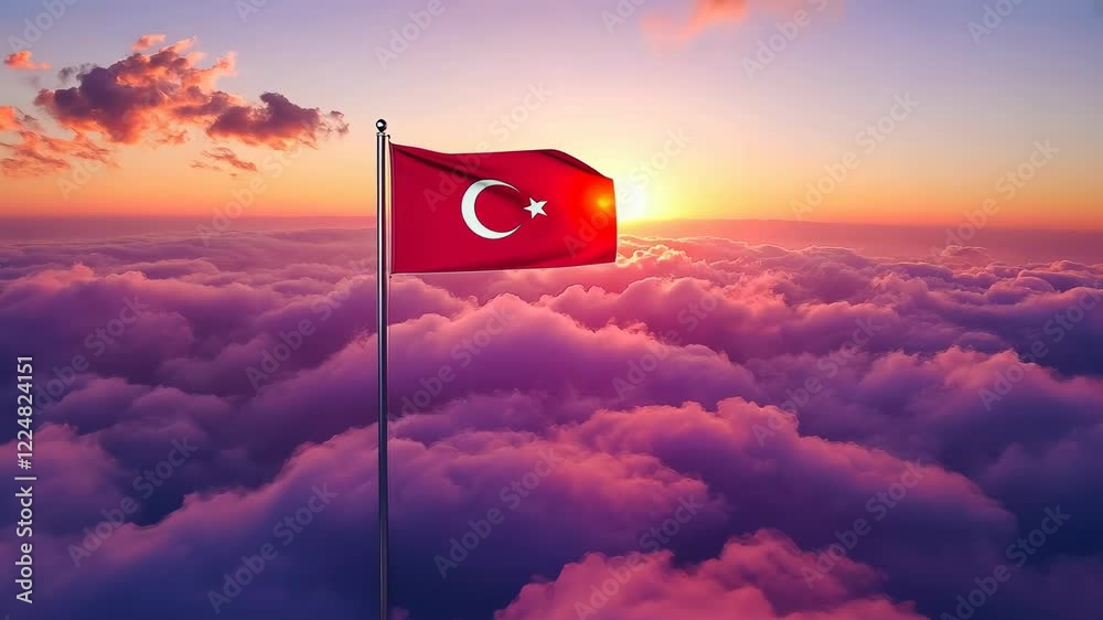 Turkish flag waving above clouds at sunset. Vibrant hues envelop the emblem. Proud symbol stands against the evening sky. Representation of national pride at high altitudes. Serene scene embodies