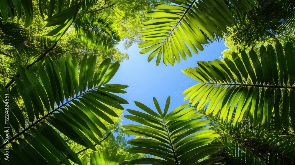 Fototapeta premium Lush green palm fronds against a vibrant blue sky, viewed from below. Perfect for travel, nature, or tropical themes, evoking feelings of warmth and serenity.