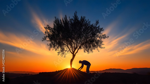 Silhouetted Person Tending to a Tree at Sunset with Golden Light Rays Beautifully Illuminating the Scene.