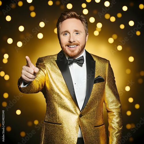 Man in Gold Suit Points to ...
