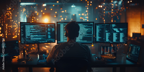 Cybersecurity Specialist Monitoring Multiple Screens in a Dark Room