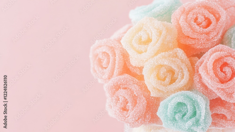 A Beautiful Arrangement of Colorful Sugar Roses in Pastel Shades Set Against a Soft Pink Background, Perfect for Celebrations or Sweet Treats A Beautiful Arrangement of Colorful Sugar Roses in Pastel Shades Set Against a Soft Pink Background, Perfect for Celebrations or Sweet Treats
