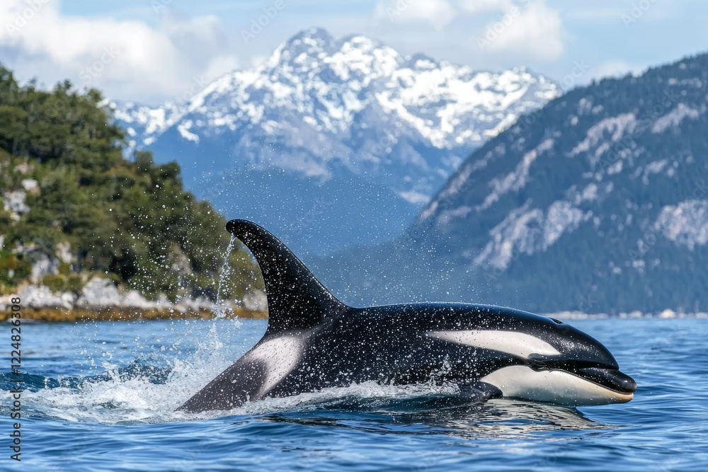 Fototapeta premium Orca surfacing near snow-capped mountains.
