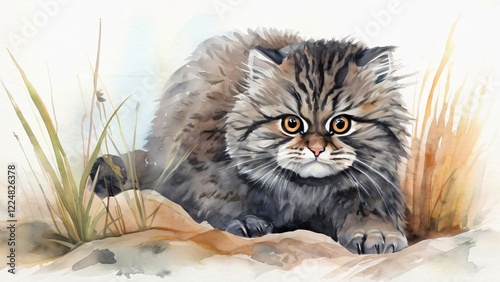 Watercolor Illustration of a Pallas's Cat Hiding in a Box: Playful and Artistic Design for International Pallas's Cat Day