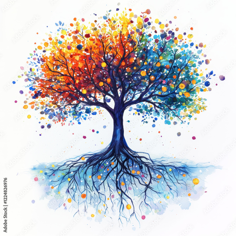Naklejka premium Vibrant watercolor tree, colorful leaves, exposed roots.