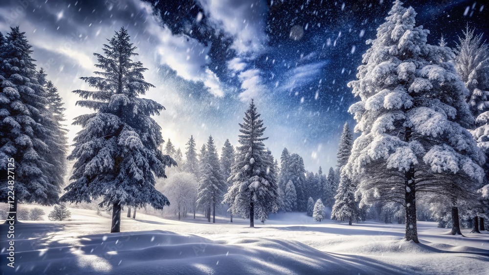 Obraz premium Monochrome Winter Wonderland: Blizzard in a Snowy Forest