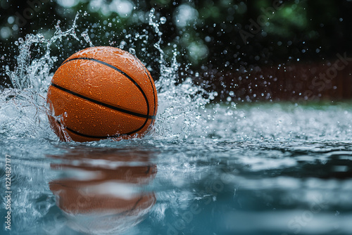 Wet basketball splashing into water, creating a dynamic spray.
