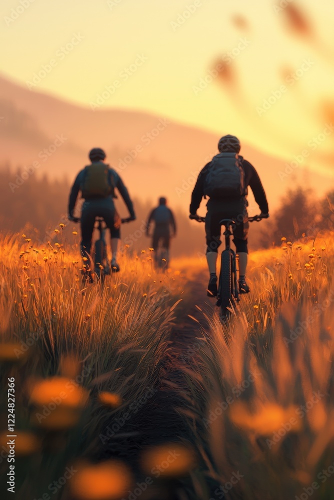 Fototapeta premium Three Cyclists Enjoying a Scenic Mountain Bike Ride at Sunset