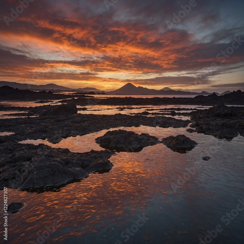 "A glowing shimmering lagoon at sunset, with streaks of red and gold across the sky reflected on the water, framed by jagged volcanic rocks and soft white sand."