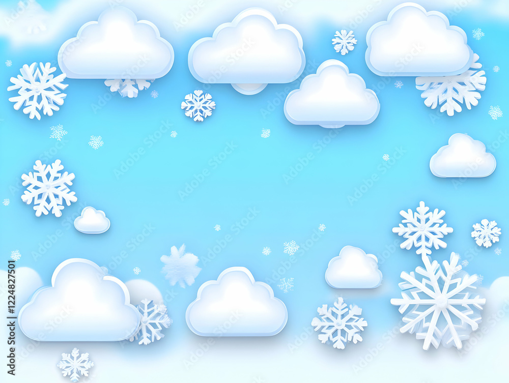 3D Snowflakes and Clouds Create a Winter Wonderland on a Blue Sky Backdrop 3D Snowflakes and Clouds Create a Winter Wonderland on a Blue Sky Backdrop