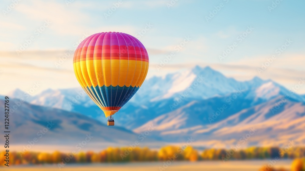 Fototapeta premium Colorful hot air balloon floats over a scenic valley with snow-capped mountains under a clear blue sky.