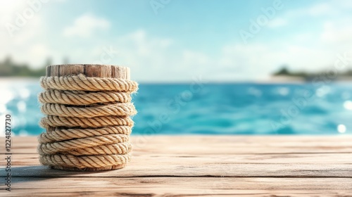 A Stack of Marine Rope Coiled Neatly on a Wooden Dock Overlooking the Tranquil Ocean and Bright Sky, Perfectly Capturing Nautical Themes of Relaxation and Adventure photo