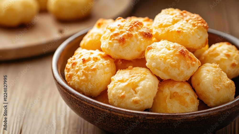 Golden brazilian cheese bread pao de queijo in rustic bowl on wood Golden brazilian cheese bread pao de queijo in rustic bowl on wood