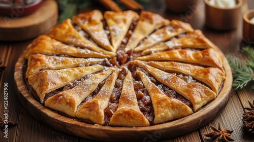 Rustic apple pie with star-shaped cinnamon crust dusting on wooden table
