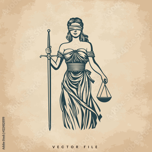 Retro Logo of Lady Justice Holding a Sword and Scales