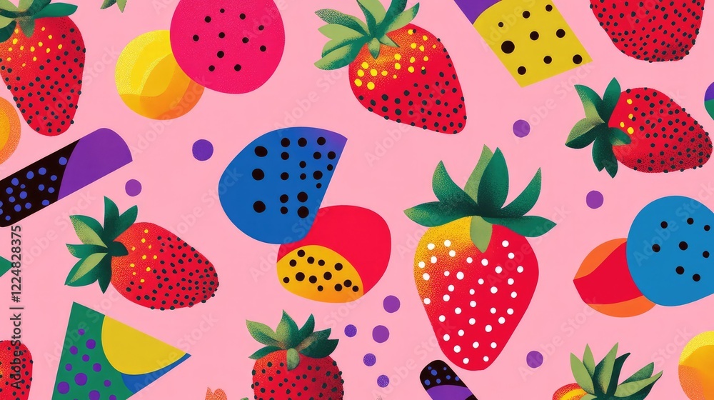 Colorful and Playful Fruits Pattern Design Featuring Strawberries, Abstract Shapes, and Bright Colors on a Soft Pink Background for Fun and Vibrant Decor Colorful and Playful Fruits Pattern Design Featuring Strawberries, Abstract Shapes, and Bright Colors on a Soft Pink Background for Fun and Vibrant Decor