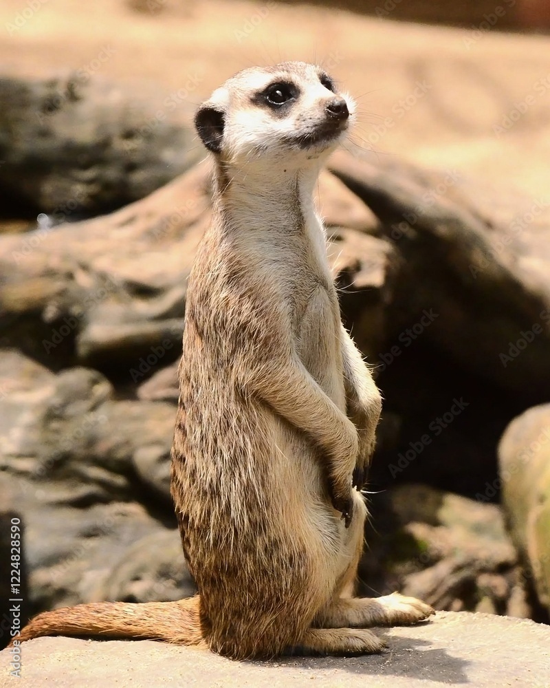 Fototapeta premium A curious meerkat stands upright on a log, observing its surroundings in a natural habitat. The scene captures the playful nature and alertness of this fascinating mammal.