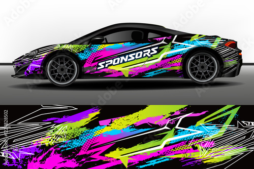 Racing car packaging design vector. Design of car stickers. Abstract racing and sport background with paint splashes for racing livery or daily use car vinyl decal. 