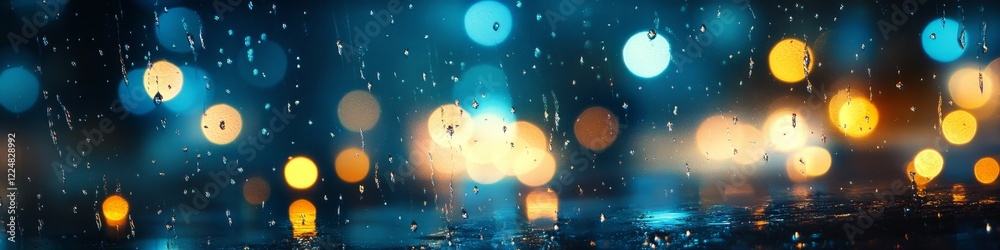 Naklejka premium Rainy Night, City Lights Blurred by Raindrops on Window Pane, Abstract Urban Background.