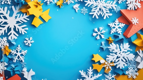 Colorful Winter Wonderland Background with Paper Snowflakes and Stars on Bright Blue Surface Ideal for Holiday Promotions and Seasonal Greetings photo