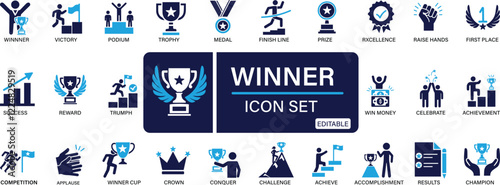 Winner icon set victory, success, prize, celebration, podium, win money, finish line You can easily change the color.