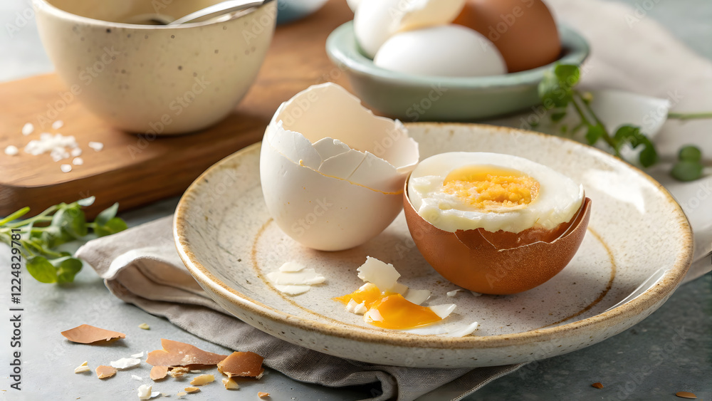 Soft-Boiled Egg on a Rustic Plate with Broken Shells and Fresh Garnish Soft-Boiled Egg on a Rustic Plate with Broken Shells and Fresh Garnish