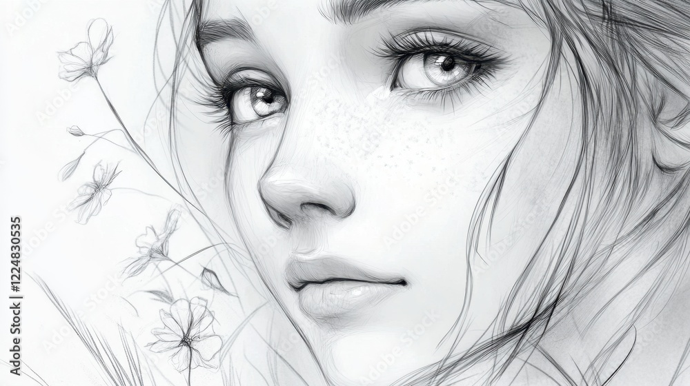 Fototapeta premium National Sjogren's Syndrome Awareness Month Captivating sketch of a girl with delicate florals for art design