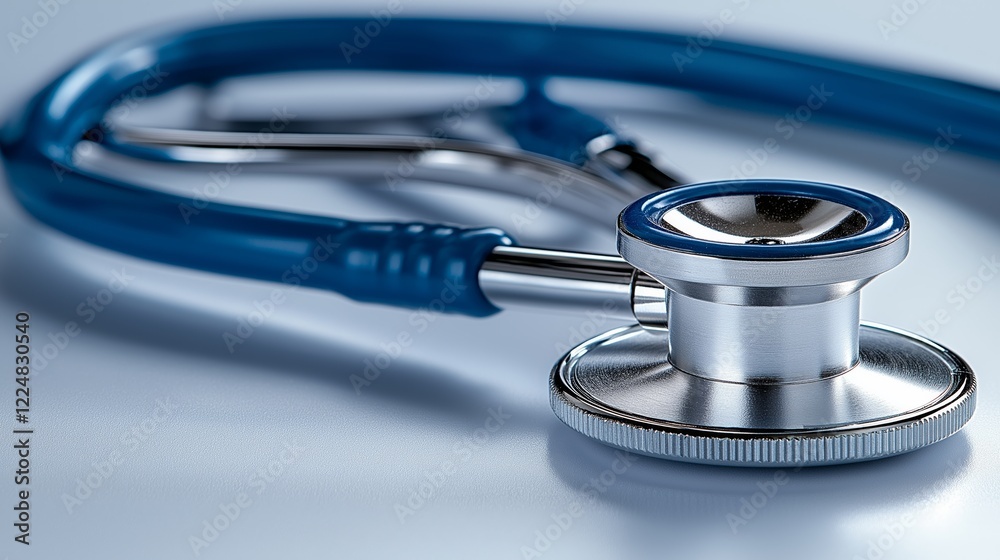 Stethoscope resting on a reflective surface in a clinical setting Stethoscope resting on a reflective surface in a clinical setting