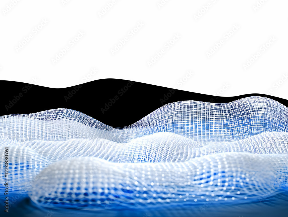 Fototapeta premium Abstract Blue Mesh Flows and Waves Over a Black Form, Creating a Dynamic and Modern Visual.