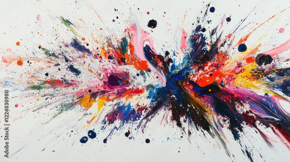 Naklejka premium A chaotic explosion of colorful paint splashes on a white backdrop, bold and dynamic