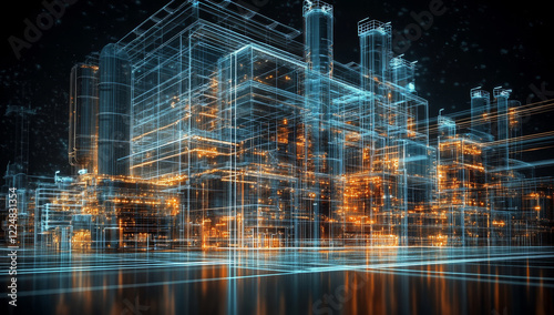 Glowing wireframe industrial complex, futuristic cityscape.
