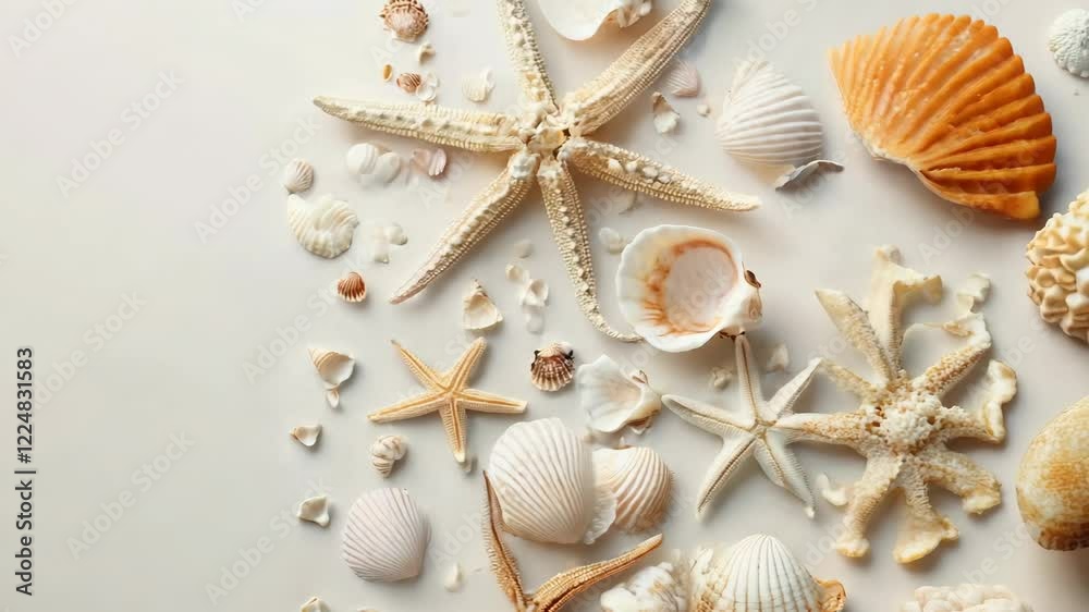 An elegant beach banner with a minimalist design featuring seashells and starfish on a neutral background. Travel, summer vacation concept.
An elegant beach banner with a minimalist design featuring seashells and starfish on a neutral background. Travel, summer vacation concept.