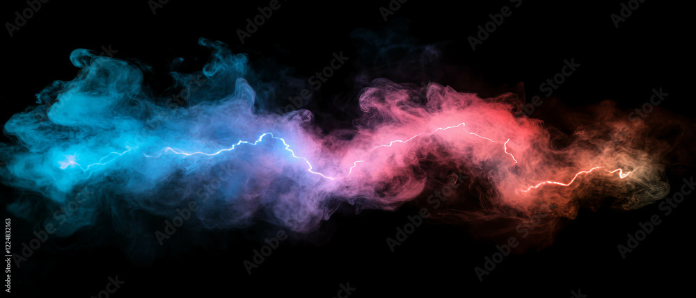 Smoke and lightning create a dynamic colorful atmosphere against a dark backdrop Smoke and lightning create a dynamic colorful atmosphere against a dark backdrop