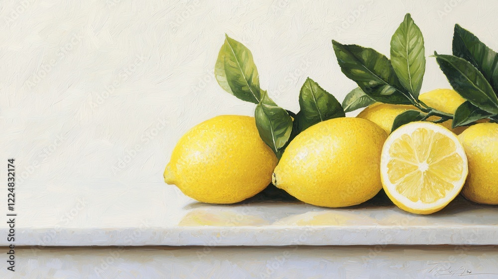 Vibrant Lemons with Lush Green Leaves on a Marble Surface Vibrant Lemons with Lush Green Leaves on a Marble Surface