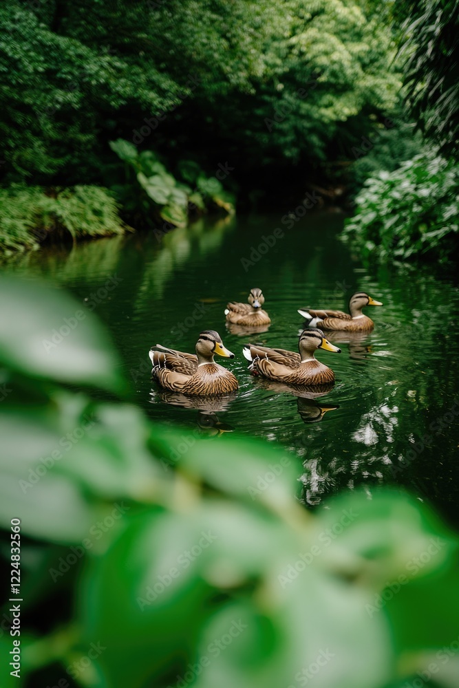 family of ducks swimming across tranquil pond their reflections mirrored perfectly on still water family of ducks swimming across tranquil pond their reflections mirrored perfectly on still water