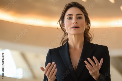 A woman in a black suit is standing in front of a wall. Generative AI