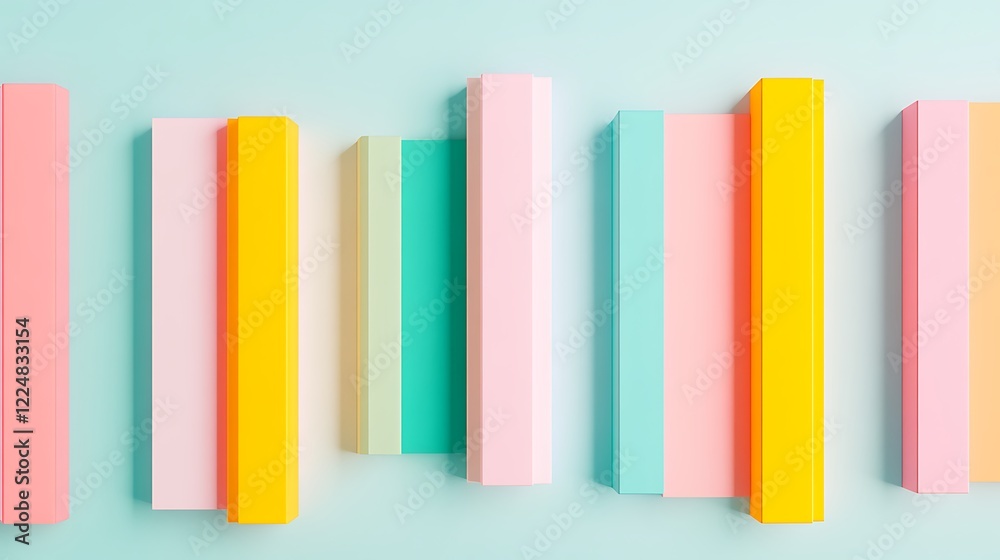 Colorful geometric shapes arranged in a line against a soft pastel background for design and decoration purposes Colorful geometric shapes arranged in a line against a soft pastel background for design and decoration purposes