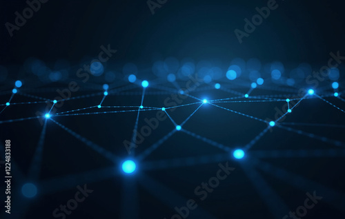 Abstract digital network with glowing blue lines connecting dynamic nodes on a dark background