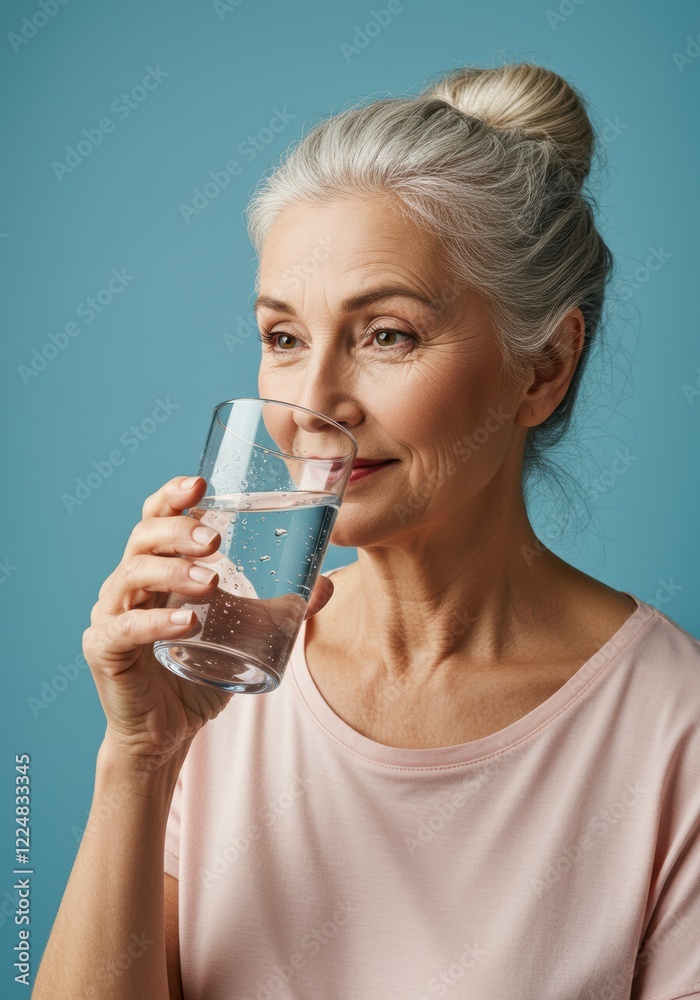 Senior woman drinking water for hydration and health on blue background Senior woman drinking water for hydration and health on blue background