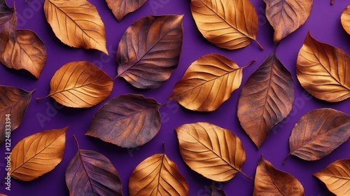 Purple background with brown leaves in a natural arrangement for artistic display
