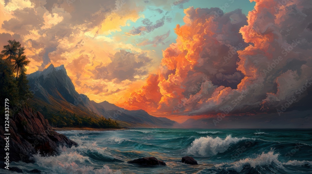 Fototapeta premium Vibrant Tropical Sunset Over Ocean Waves and Mountains